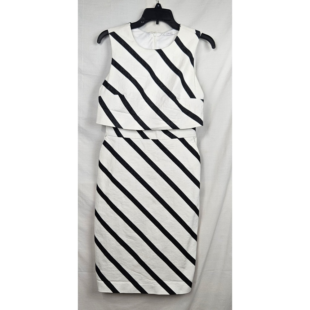 Lascana Women Black White Diagonal Stripe Layered Sheath Dress Sz 4 Pockets Chic